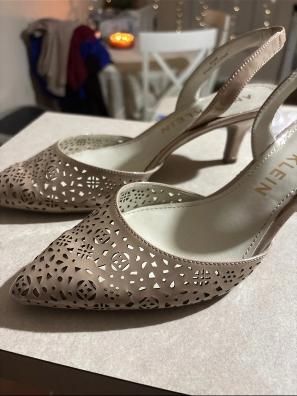 Anne Klein Taupe Laser-Cut Slingback Pumps